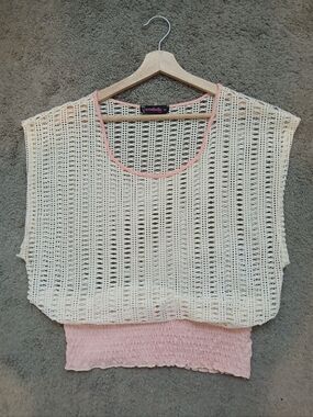 Annabelle Cream & Pink Open Crochet Knit Smocked Hem Sleeveless Top Size XL
